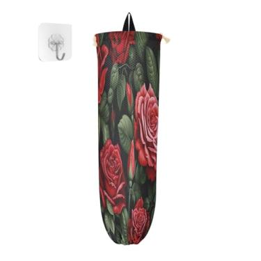 Imagem de Suporte protetor de saco plástico de rosas florais e folhas verdes, suporte de saco de plástico, bolsa organizadora de parede