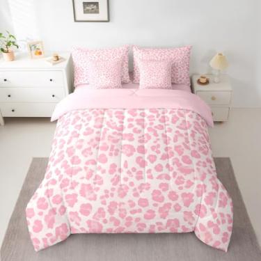 Imagem de Feelyou Conjunto de edredom solteiro de leopardo rosa com 7 peças, estampa de animal, safári, microfibra leve e macia