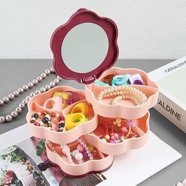Imagem de Caixa de joias rotativa de grande capacidade com espelho, caixa de armazenamento de joias rotativa de 4 camadas para pulseiras, anéis, brincos, presente para mulheres (rosa)