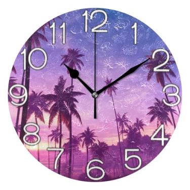 Imagem de GAIGEO Relógio de parede analógico decorativo relógio de cozinha rústico operado a bateria, arte de parede boho decoração de casa palmeiras tropicais, roxo, 25 cm, ponteiros pretos