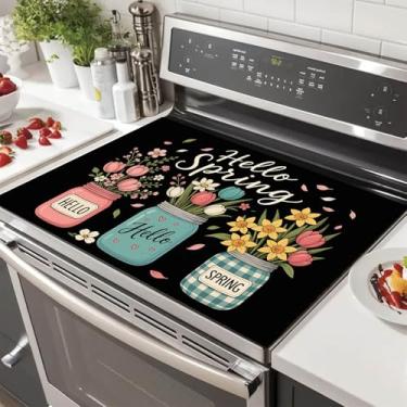 Imagem de HOMETITUTE Capas de fogão de pote floral de primavera para fogão elétrico 71 x 50 cm protetor de fogão de vidro resistente ao calor capa decorativa de placa de fogão tapetes de secagem de pratos para