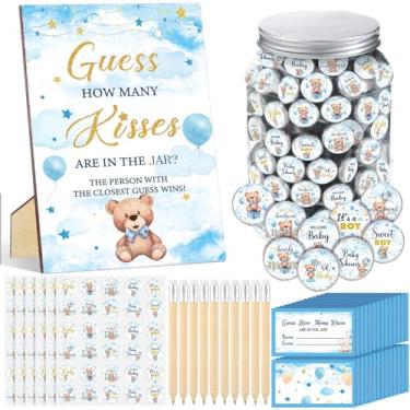 Imagem de Gersoniel 242 peças Guess How Many Kisses Jogos de chá de bebê, 1 placa de urso de balão azul em pé, 50 cartões de adivinhação, 180 adesivos de beijos de chá de bebê de urso, 10 lápis, 1 pote para