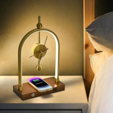 Imagem de Luocute Lâmpada de Mesa LED Com Carregador Sem Fio, Lâmpada de Mesa Moderna Com Controle de Toque de Iluminação Ajustável para Quarto de Escritório, Relógio Embutido e Porta de (plugue americano)