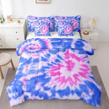 Imagem de Erosebridal Jogo de edredom com estampa de espiral King tie dye em uma bolsa, arco-íris pastel, colorido, boêmio, reversível, geométrico, respirável, leve, violeta