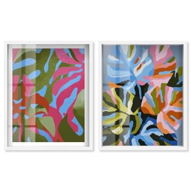 Imagem de Conjunto de 2 arte de parede para sala de estar com estampa de botânicos costeiros azul-petróleo e coral da Art Remedy, moldura branca, 64 x 78 cm