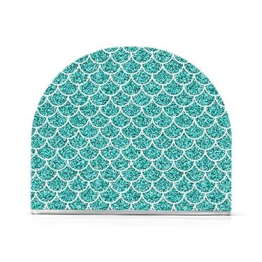 Imagem de Porta-guardanapos acrílico com escamas de sereia azul-petróleo com glitter, suporte de guardanapo em forma de U, porta-guardanapos para mesa, porta-guardanapos para guardanapos de papel