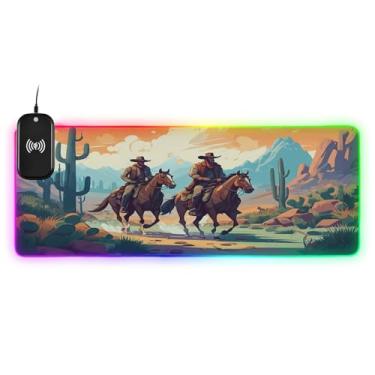 Imagem de CEBUGI Mouse pad de carregamento sem fio Western Cowboy 15 W rápido para jogos com iluminação LED 14 RGB para jogos, PC, laptop, mesa 90,9 x 39,9 cm