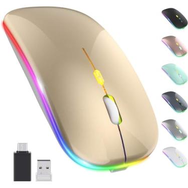 Imagem de Mouse sem fio de LED, recarregável e silencioso, mouse óptico portátil de 2,4 G, com USB e receptor tipo-c, 3 DPI ajustáveis para notebook, PC, laptop, computador, desktop (ouro)