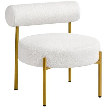 Imagem de Yaheetech Boucle Accent Chair, moderna cadeira tufada, aconchegante sherpa barril com pernas douradas, cadeira de clube para sala de estar, quarto, penteadeira, escritório, branca