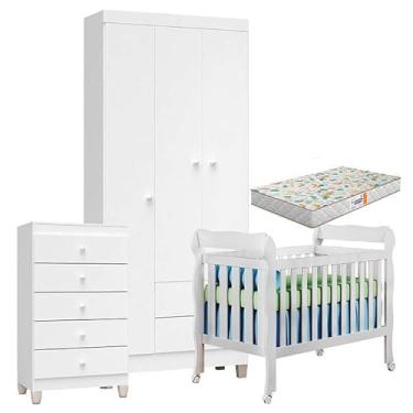 Imagem de Quarto de Bebê 3 Portas com Gaveteiro Ternura Baby e Berço Lila Branco Brilho com Colchão Gazin - Incorplac