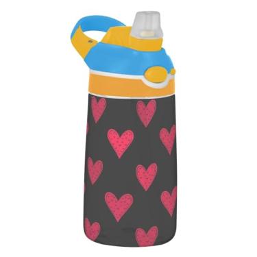 Imagem de Garrafa de água infantil estilizada Red Hearts Black para escola, 473 ml, 473 ml, garrafa de água esportiva Tritan com canudo, copo reutilizável para crianças, portátil, alça de transporte