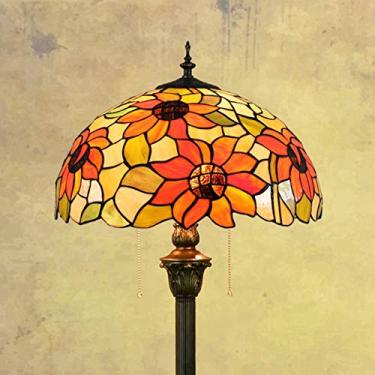 Imagem de Luminária de chão estilo Tiffany para sala de estar, 40,6 cm de largura x 162,6 cm de altura, 2 soquetes E27, luminária de chão vintage, cúpula de vidro laranja em formato de girassol, base