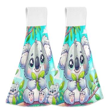 Imagem de Joitme Toalhas de mão penduradas de coala fofas com laço mágico, panos de prato macios de lã coral absorvente para cozinha e banheiro, pacote com 2