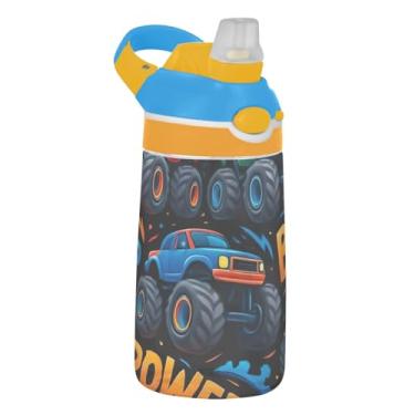 Imagem de Garrafa de água de 473 ml para crianças, reutilizável, 473 ml, garrafa de água de plástico Tritan com canudo à prova de vazamento, copo infantil portátil, alça de transporte, caminhão monstro legal