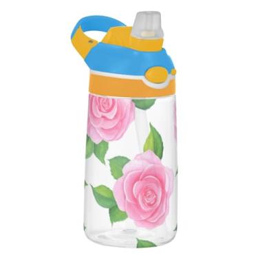 Imagem de Garrafa de água infantil Roses Green Leaves para escola, 473 ml, 473 ml, garrafa de água esportiva Tritan com canudo, copos de viagem infantis à prova de vazamento, reutilizáveis, alça de transporte