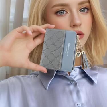 Imagem de Carteiras femininas, porta-cartão de crédito de couro PU, carteira fina portátil para mulheres, carteira de cartão de crédito de grande capacidade com pingente para cartões de identificação, Cinza