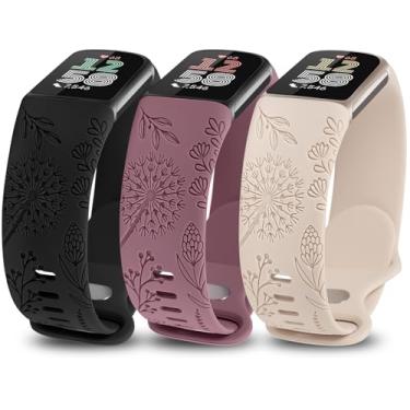 Imagem de Minyee Pacote com 3 pulseiras florais gravadas compatíveis com Fitbit Charge 6 Band/Fitbit Charge 5 Band Feminina, Silicone Macio Fofo Dente-de-Leão, Padrão de Flor, Designer Esportivo Fancy Summer