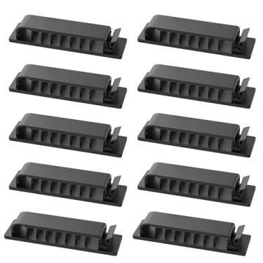 Imagem de 10 peças de clipes autoadesivos de gerenciamento de cabos com 8 compartimentos, organizadores de cabos, clipes de fio para escritório, TV, PC, cabo Ethernet sob a mesa, escritório em casa