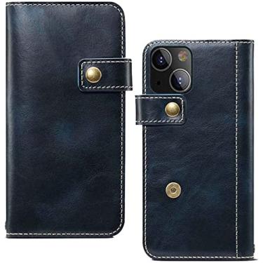 Imagem de CYSUE Capa de couro de vaca de cera de óleo para Apple iPhone 14 Plus 2022, capa de telefone flip fólio de couro com pulseira (cor: azul)