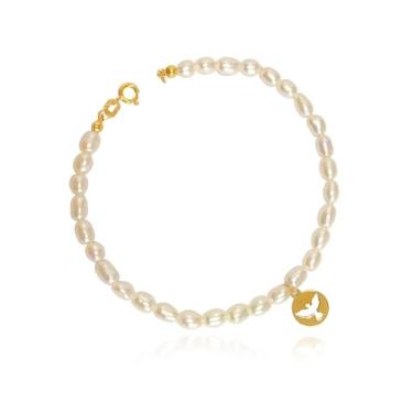 Imagem de Pulseira Feminina Pérolas C/Pingente Pomba Do Divino Ouro 18k 750 c/Estojo