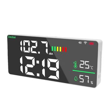 Imagem de Eujgoov Medidor de Decibéis Com Display LED Grande de 11 Polegadas Medidor de Nível de Som Suspenso na Parede Com Indicador de Alarme de Umidade e Temperatura