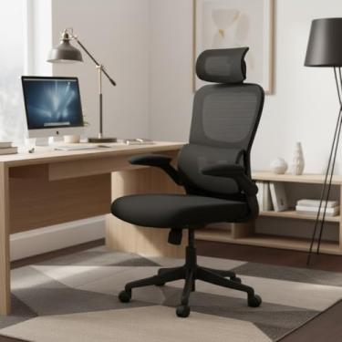 Imagem de Cadeira de Escritório Ergonômica com Encosto de Cabeça Ajustável, Mesh Respirável, Preto, Suporte até 120kg, Braços Ajustáveis, Reclinável