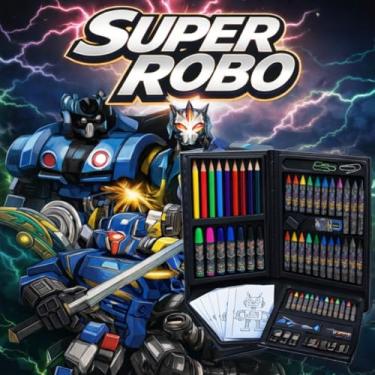 Imagem de Maleta de Pintura Super Robo 48 Peças – Estojo Completo com Lápis de Cor, Giz de Cera, Canetinhas, Tinta, Pincel, Apontador e Desenhos para Colorir