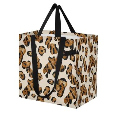 Imagem de SEHANY Sacolas de compras reutilizáveis com estampa de leopardo marrom com alças reforçadas, bolsa de compras de lona dobrável à prova d'água de grande capacidade para viagem, cozinha, praia