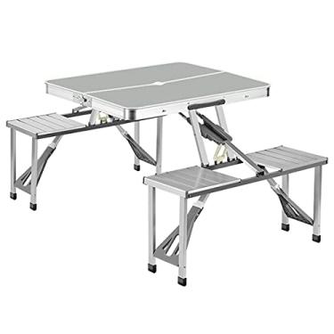 Imagem de U5GAAALPPQ9 Mesa de acampamento dobrável portátil com assentos, cadeiras, mesa de piquenique ao ar livre com orifício para guarda-chuva, leve, compacta de alumínio (prateada)