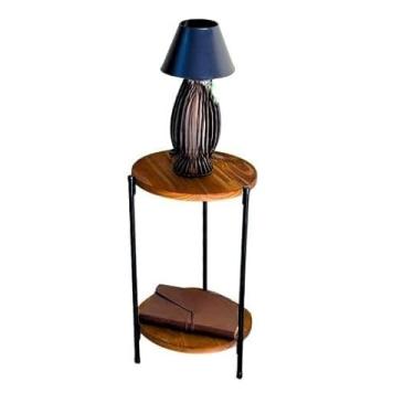 Imagem de Mesa Lateral de Sofá Redonda - Marrom com Ferro Preto, Mesinha de Cabeceira Moderna, Prática para Sala e Quarto