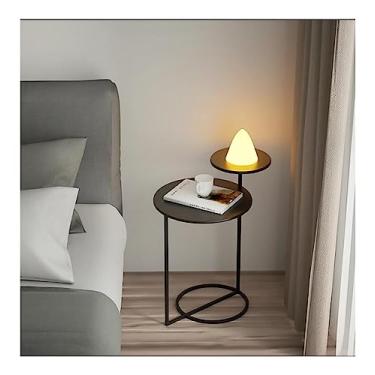 Imagem de Mesas de canto redondas modernas de camada dupla mesa de centro para sala de estar mesa de cabeceira redonda simples com prateleira aberta de armazenamento (cor: branco) (preto)