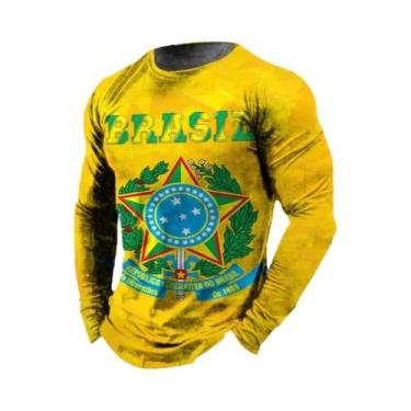 Imagem de Camiseta Masculina Retro Com Estampa 3D Da Bandeira Do Brasil, Manga L