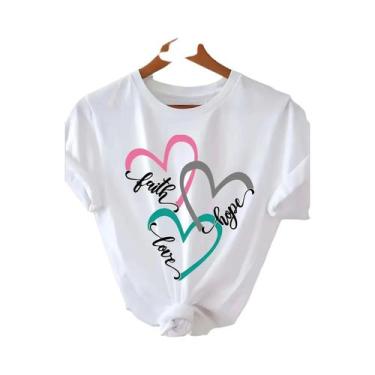Imagem de Camiseta Casual Feminina Com Estampa De Coração, Manga Curta, Decote R