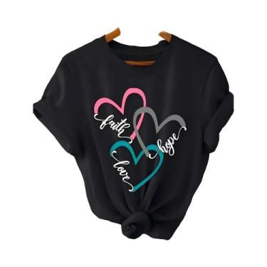 Imagem de Camiseta Casual Feminina Com Estampa De Coração, Manga Curta, Decote R