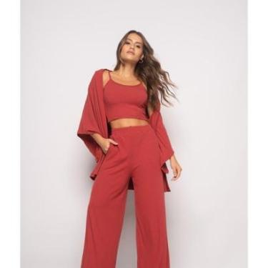 Imagem de Conjunto Salvatore Fashion Kimono Cropped Wide Leg Canelado Feminino-Feminino