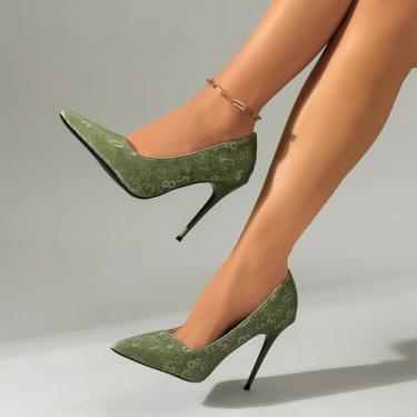 Imagem de Sapato feminino de bico fino sem cadarço com salto alto fino, sapatos de festa confortáveis para uso externo e interno, Verde, 38
