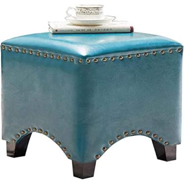 Imagem de Espreguiçadeira quadrada de madeira feita à mão para mesa de café e maquiagem com cera de óleo artificial, capa de couro azul para decoração de casa - banquinho para pés