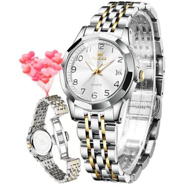 Imagem de OLEVS Relógio feminino de negócios pequeno aço inoxidável relógio de pulso analógico quartzo data à prova d'água, L9970: Pulseira de dois tons e mostrador branco