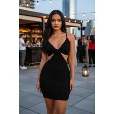 Imagem de Vestido Curto Canelado Decote Recorte Lateral - Tribo moda, Preto, M