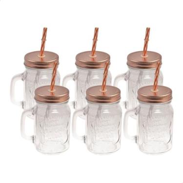 Imagem de Kit 6 Copos Canecas Vidro Grosso Retrô Vintage Com Tampa e Canudo 500m