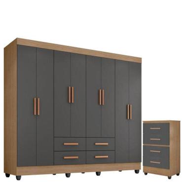 Imagem de Guarda Roupa Casal Porto Com Cômoda Lite 4 Gavetas Nature Cinza - Móveis Leão