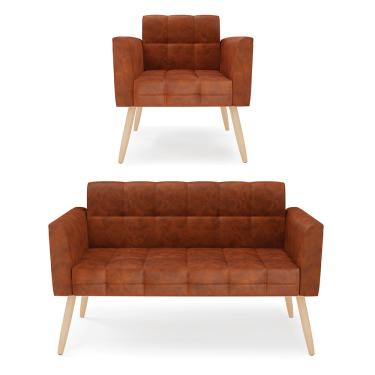 Imagem de Kit 1 Sofá Namoradeira e 1 Poltrona Elisa Corano Nozes Pés Palito Natural D03 - D'Rossi