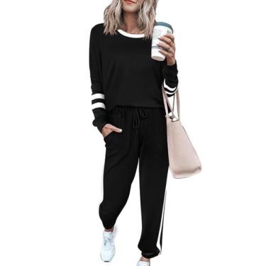 Imagem de Roupa feminina PRETTYGARDEN, 2 peças, lounge, listrada, preta