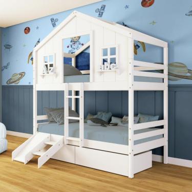 Imagem de Beliche Casinha Dos Sonhos Com 02 Gavetas Kit Escada/ Escorregador Madeira Maciça Branco Megamobilia