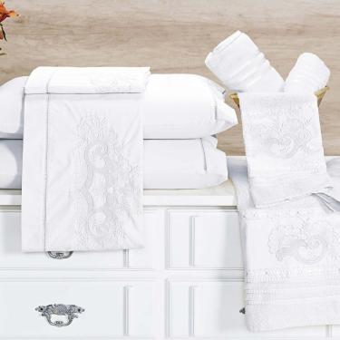 Imagem de Jogo De Cama Casal Queen Topázio Bordado 04 Peças Percal 200 Fios 100% Algodão - Branco