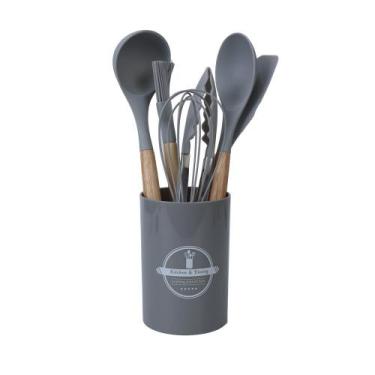 Imagem de Utensílios De Cozinha Silicone C/ Suporte 7 Pçs Cabo Madeira - Lehavi