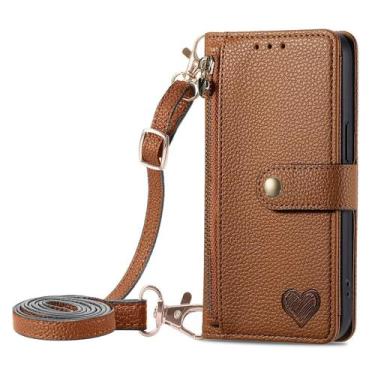 Imagem de Funda con tapa y cartera de cuero marrón para iPhone 14 Plus con diseñ