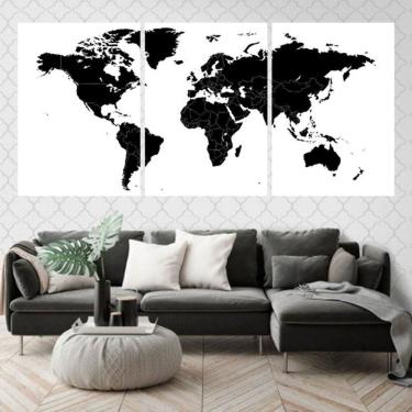 Imagem de Kit 3 Quadros Decorativos Mapa Mundi Preto