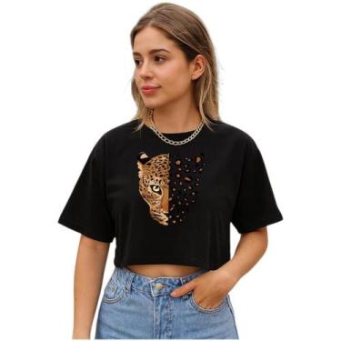 Imagem de Cropped Feminino Blusinha Onça Estampada Moda Verão - Ligata, Preto, M