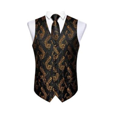 Imagem de Colete Social Masculino Preto Paisley Com Gravata Borboleta, Lenço De 